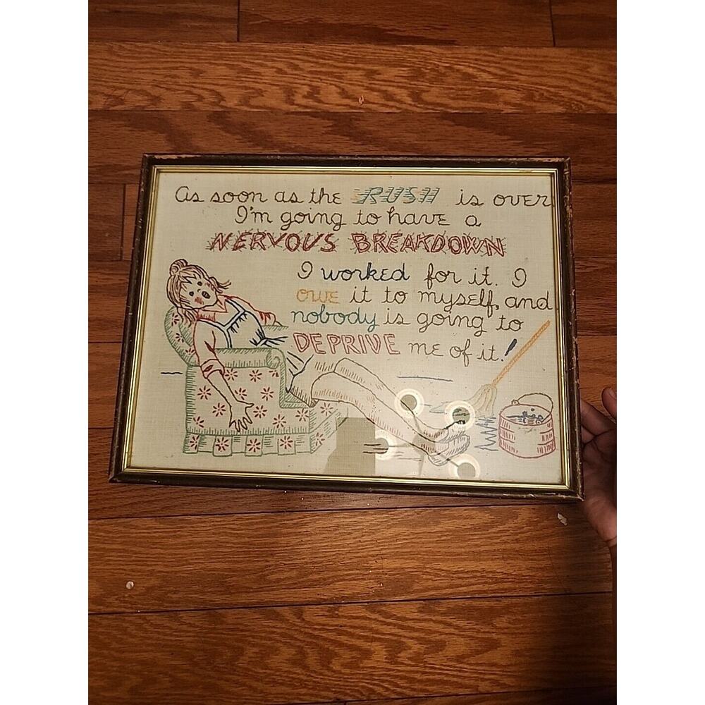 NERVOUS BREAKDOWN Fantastic MCM Embroidery Picture Overworked Woman Housecleanin